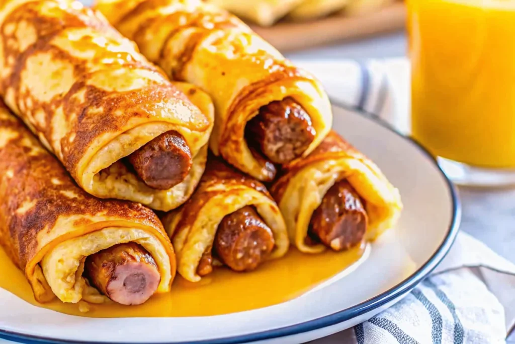 Golden brown breakfast pigs in a blanket made with fluffy pancakes wrapped around breakfast sausage links, served on white plate with maple syrup