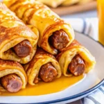 Golden brown breakfast pigs in a blanket made with fluffy pancakes wrapped around breakfast sausage links, served on white plate with maple syrup