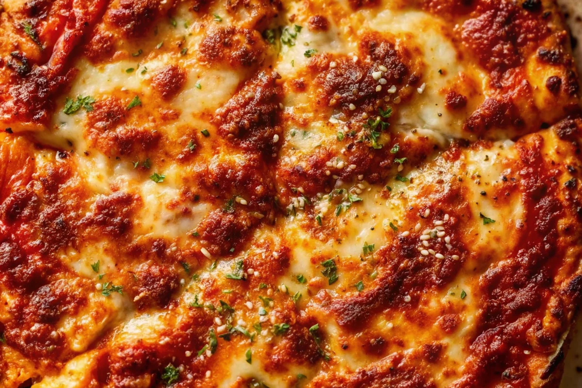 Lazy lasagna recipe with golden melted cheese and fresh basil garnish in white baking dish