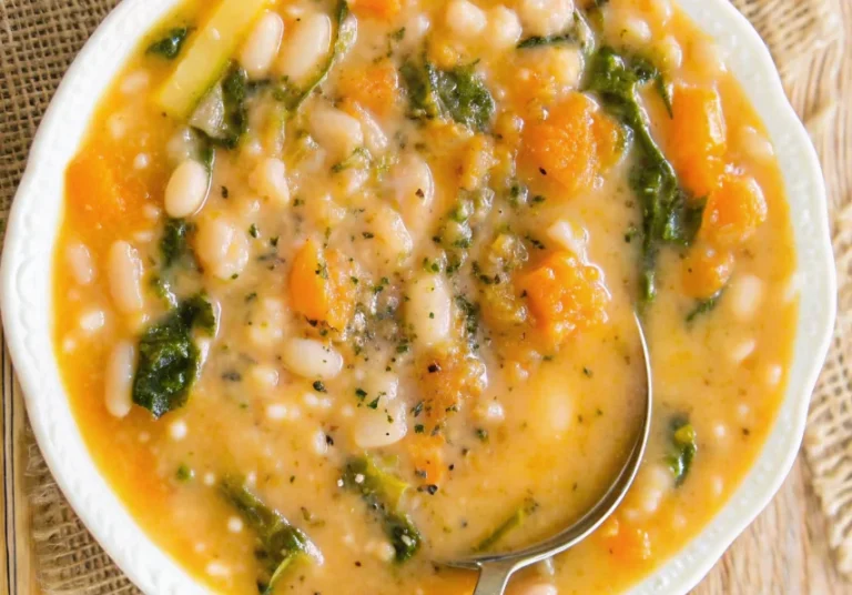 Creamy white bean soup with rosemary and vegetables in a rustic bowl, garnished with olive oil and fresh herbs