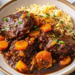 Authentic Jamaican ox tail recipe showing tender braised oxtail pieces in rich brown gravy with carrots and herbs in a cast iron pot