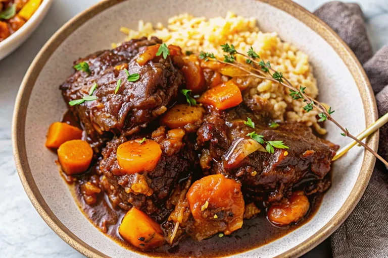 Authentic Jamaican ox tail recipe showing tender braised oxtail pieces in rich brown gravy with carrots and herbs in a cast iron pot