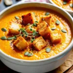 Creamy pumpkin soup recipe served in white bowl with cream swirl and toasted pumpkin seeds garnish on rustic wooden table