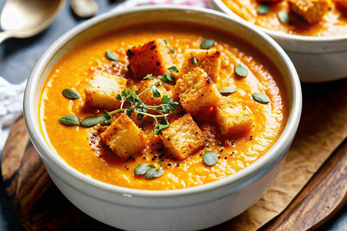 Creamy pumpkin soup recipe served in white bowl with cream swirl and toasted pumpkin seeds garnish on rustic wooden table