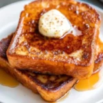Golden pumpkin French toast stack drizzled with maple syrup and topped with powdered sugar and chopped pecans on white plate, showcasing perfect fall breakfast with warm autumn spices and seasonal pumpkin recipes inspiration