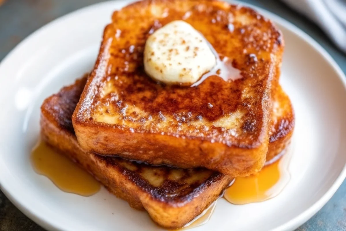 Golden pumpkin French toast stack drizzled with maple syrup and topped with powdered sugar and chopped pecans on white plate, showcasing perfect fall breakfast with warm autumn spices and seasonal pumpkin recipes inspiration