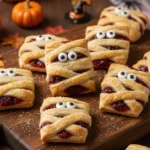 Halloween mummy cherry pies with candy eyes on parchment paper, golden brown pastry strips arranged like bandages over cherry filling