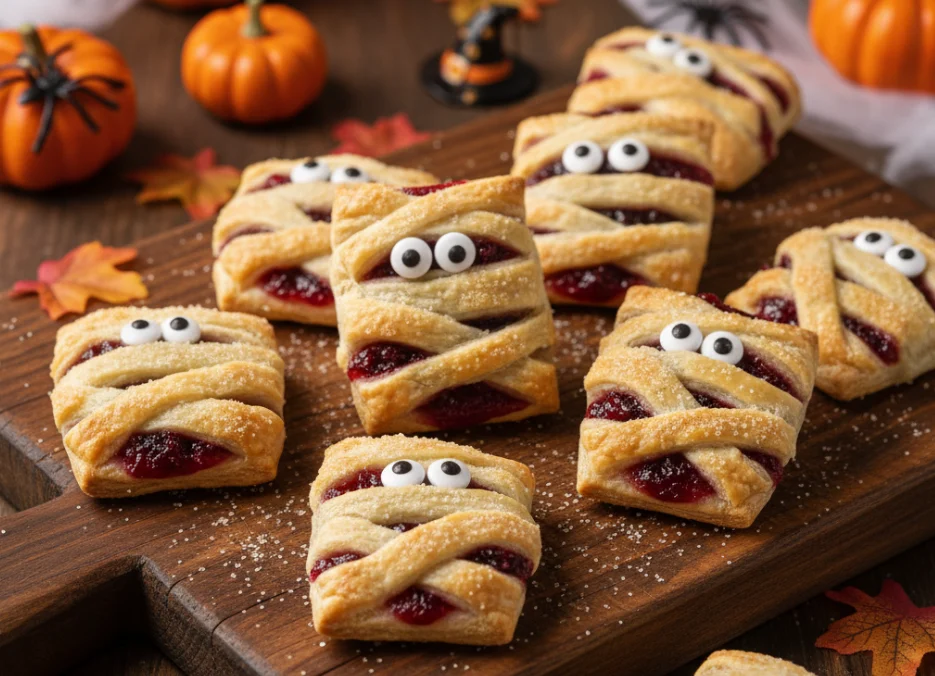 Halloween mummy cherry pies with candy eyes on parchment paper, golden brown pastry strips arranged like bandages over cherry filling