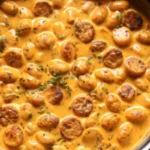 Creamy butternut squash gnocchi with Italian sausage in a cast iron skillet garnished with fresh sage and thyme