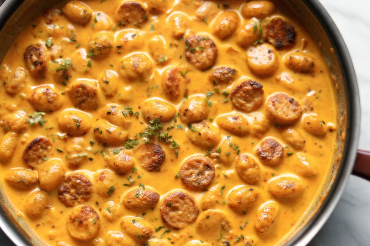 Creamy butternut squash gnocchi with Italian sausage in a cast iron skillet garnished with fresh sage and thyme