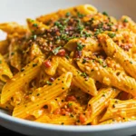 Creamy butternut squash pasta sauce in a bowl with penne pasta, garnished with fresh thyme and grated Parmesan cheese, showcasing the rich orange color and silky texture