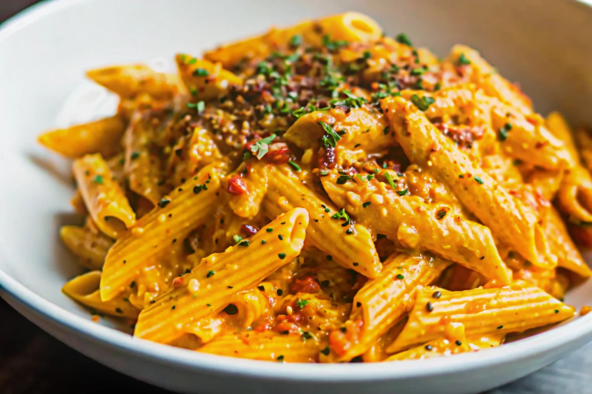 Creamy butternut squash pasta sauce in a bowl with penne pasta, garnished with fresh thyme and grated Parmesan cheese, showcasing the rich orange color and silky texture