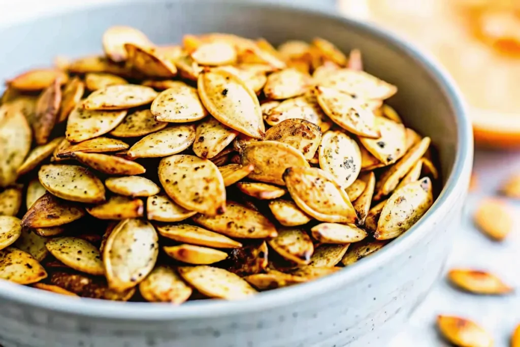 Golden brown salted roasted pumpkin seeds spread on parchment paper showing perfect crispy texture from this easy pumpkin seeds recipe