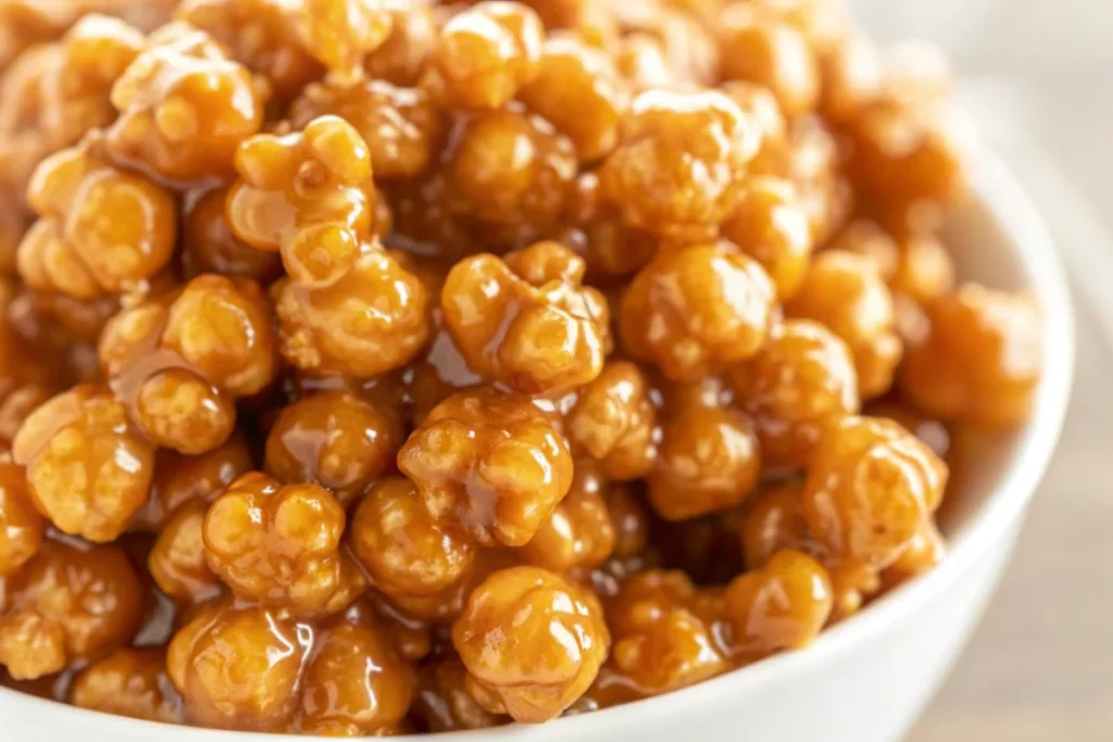 Golden Amish caramel corn with almonds spread on parchment paper, showing glossy caramel coating and perfect texture