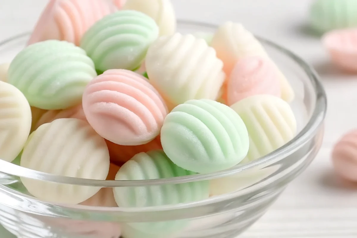 Homemade cream cheese mints recipe with fork-pressed ridges on parchment paper, showing soft pastel colored wedding mints and baby shower mints ready to serve