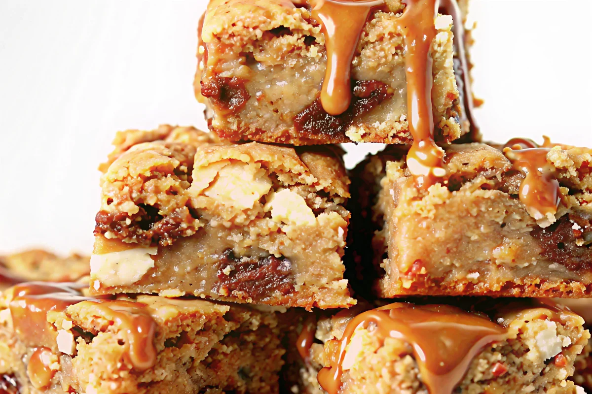 A close-up photograph of freshly baked Twix Blondies arranged on a white serving plate, showcasing the golden-brown surface with visible Twix candy pieces, chocolate chips, and a glossy caramel drizzle. The blondies display the perfect fudgy texture with slightly crackled tops and gooey caramel centers, photographed with natural lighting to emphasize the rich, indulgent appearance.