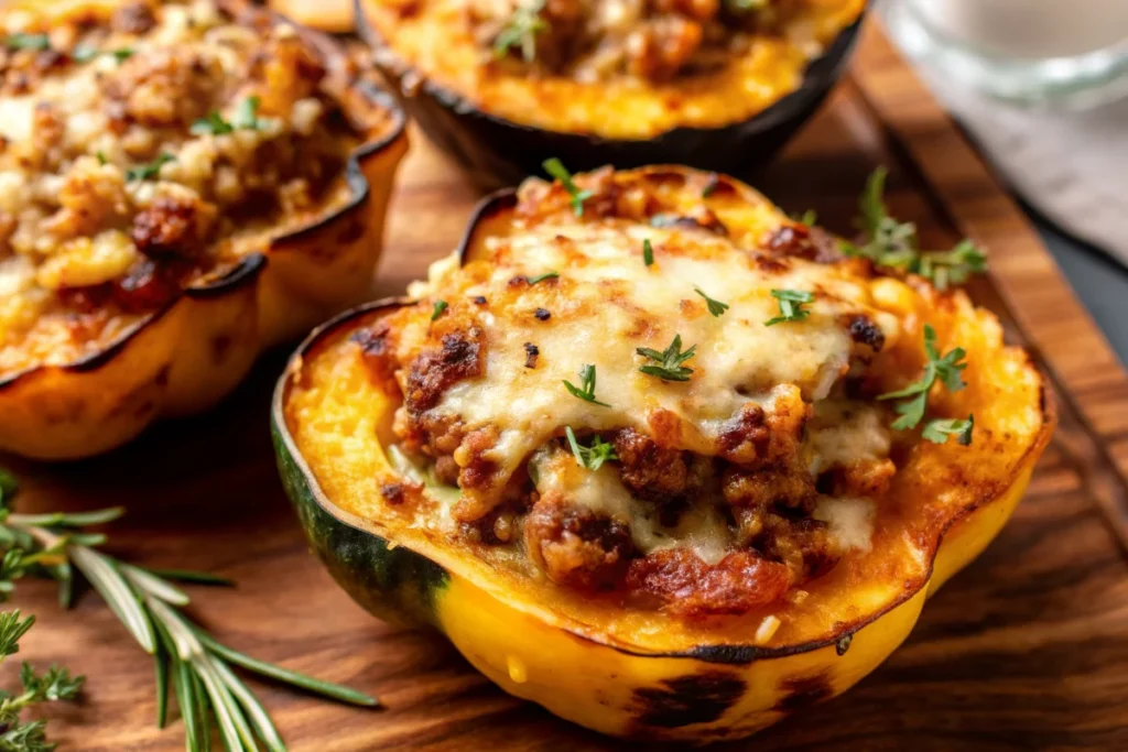 Golden stuffed acorn squash baked halves filled with quinoa, turkey, cranberries, and pecans on a white ceramic plate, garnished with fresh herbs