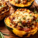 Golden stuffed acorn squash baked halves filled with quinoa, turkey, cranberries, and pecans on a white ceramic plate, garnished with fresh herbs