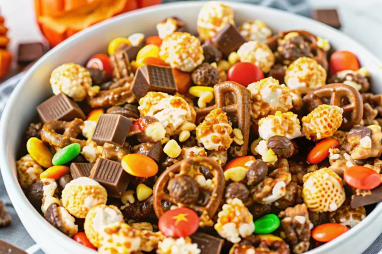 Fall snack mix in rustic wooden bowl featuring caramel corn, pretzels, colorful candies and candy corn for autumn parties