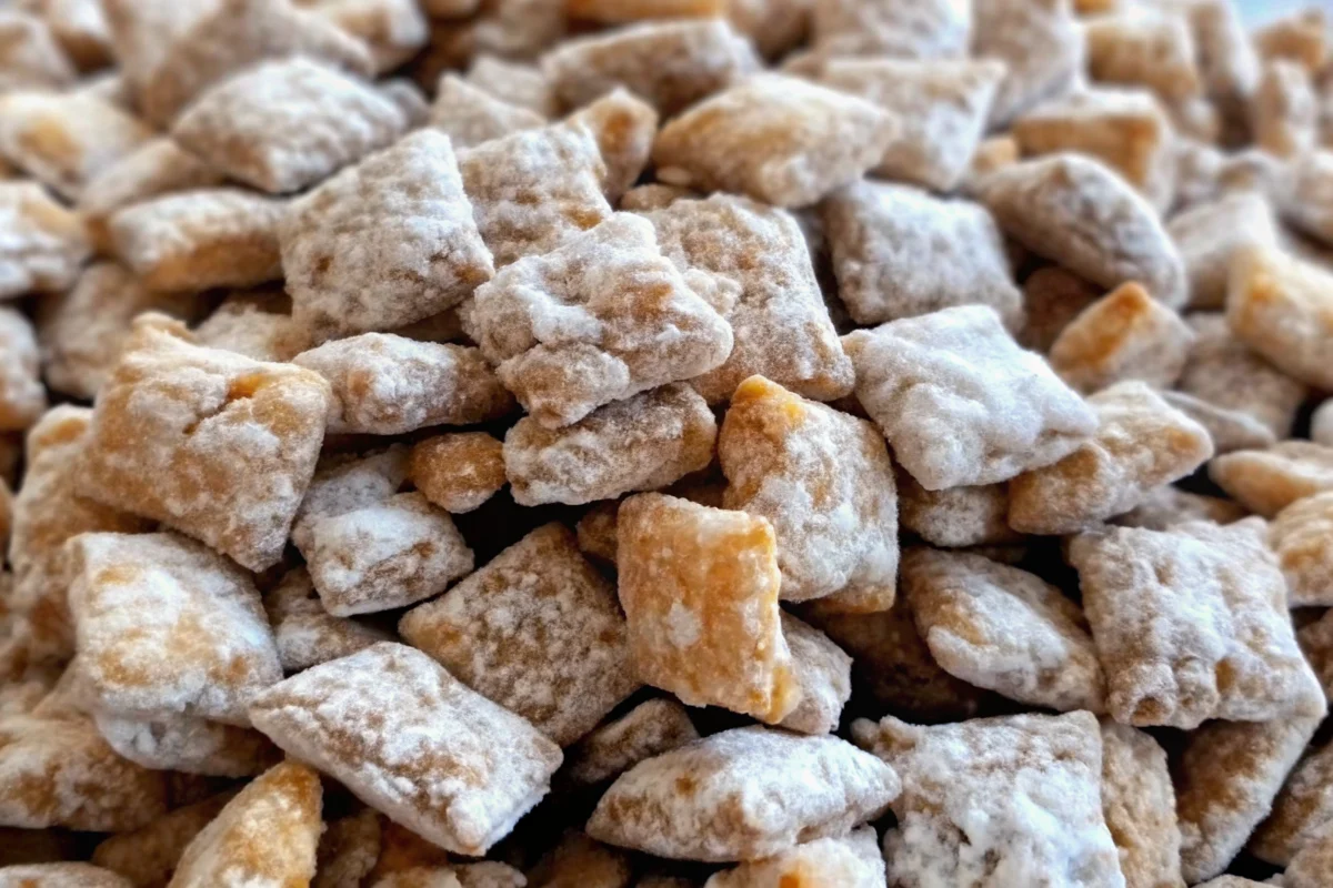 Caramel Apple Puppy Chow Recipe in white bowl with apple pieces and cinnamon coating