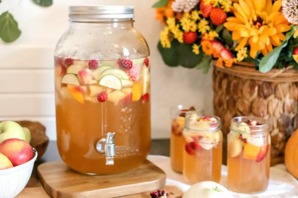 Caramel Apple Punch in glass bowl with sliced apples and cranberries for fall party