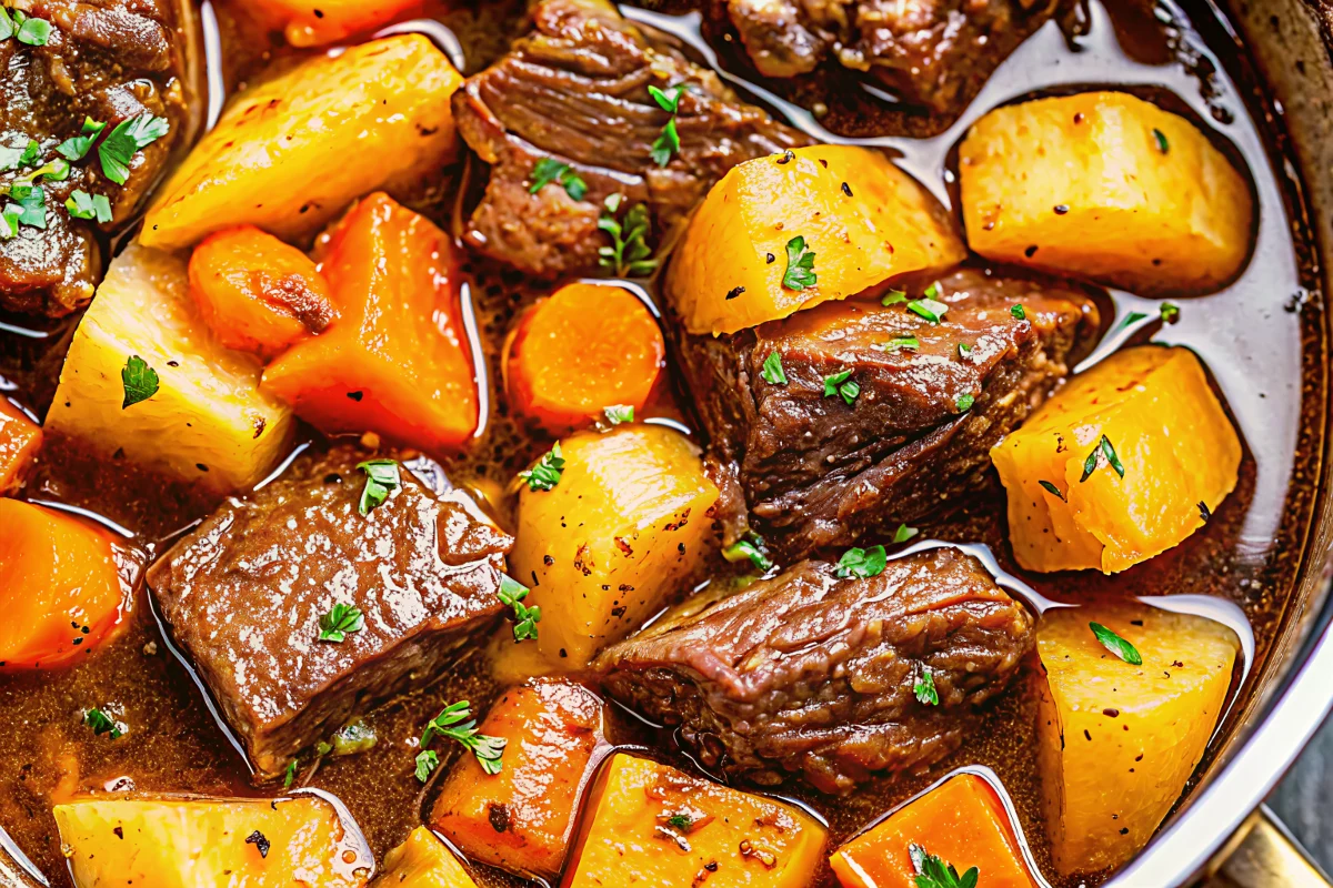 Hearty homemade beef stew with tender beef chuck, Yukon gold potatoes, carrots, and fresh thyme in rich savory broth