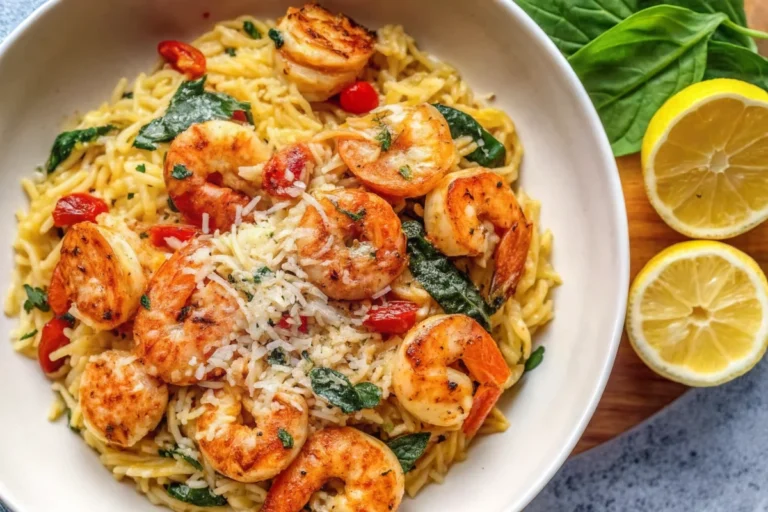 One pan parmesan orzo with shrimp recipe served in black skillet with golden orzo, pink shrimp, wilted spinach and fresh parsley garnish