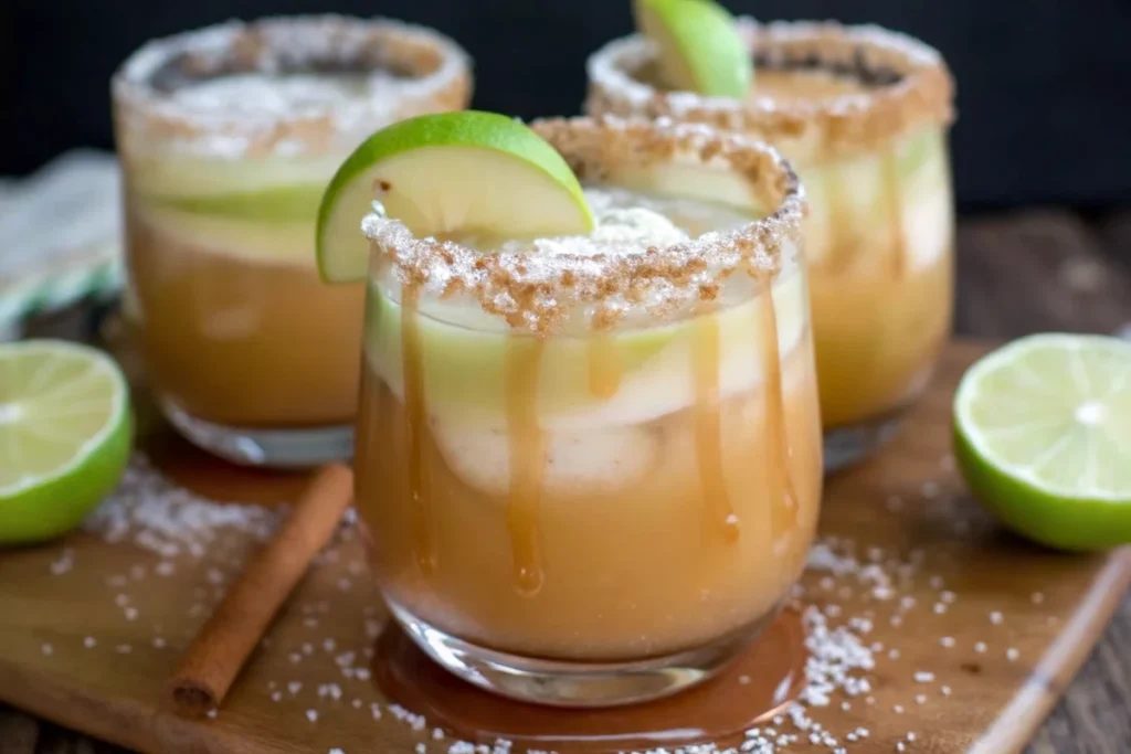 Caramel Apple Mocktail with brown sugar rim and apple slice garnish in elegant glass