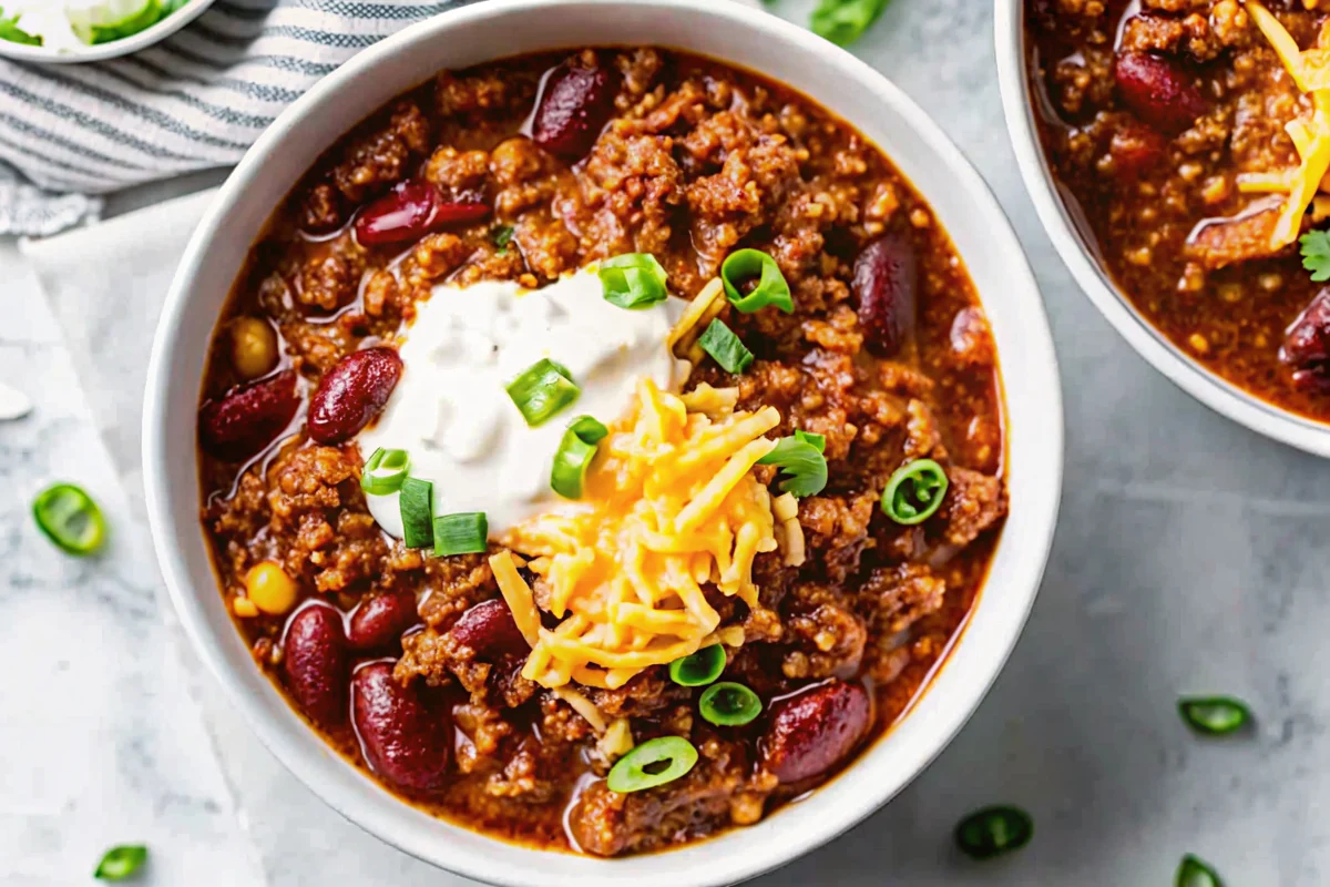 Easy chili recipe crockpot with ground beef, beans, and tomatoes cooking in slow cooker, perfect comfort food meal