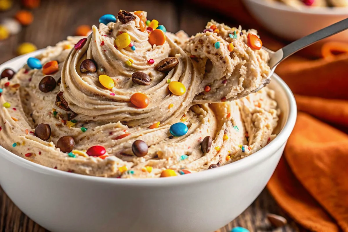 Sweet Swirled Peanut Butter Dip in serving bowl with chocolate swirl pattern, surrounded by graham crackers and fruit dippers, showing creamy texture with colorful mix-ins