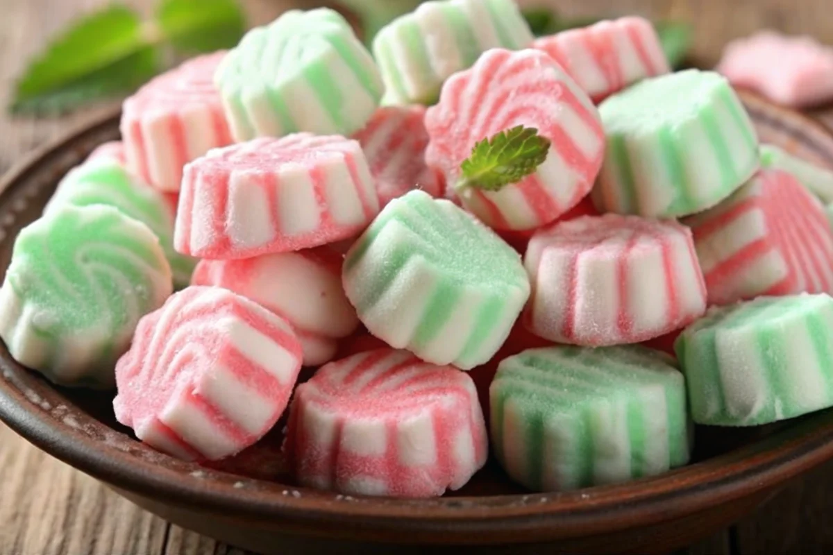 Colorful homemade cream cheese mints arranged on white parchment paper showing pink, green, and white mint candies made from the perfect cream cheese mints recipe