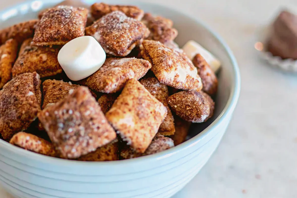 Homemade Smores Chex Mix spread on parchment paper showing chocolate-coated cereal squares mixed with mini marshmallows and dusted with powdered sugar