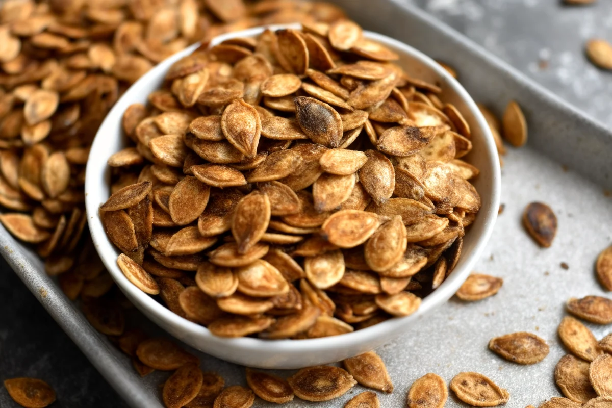 Golden cinnamon sugar roasted pumpkin seeds spread on parchment paper showing perfectly crispy texture from homemade pumpkin seeds recipe
