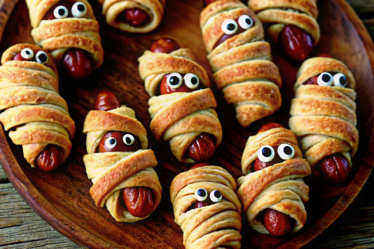Spooky hot dog mummies wrapped in golden crescent dough with cheese eyes and ketchup pupils arranged on parchment paper for Halloween dinner