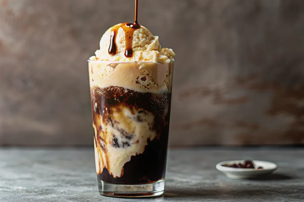 Tall glass filled with vanilla ice cream, Irish cream liqueur, and ginger ale topped with whipped cream and cherry - Irish Cream Liqueur Float dessert cocktail
