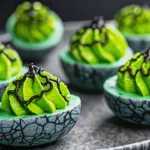 Colorful Halloween deviled eggs with spooky cracked shells in green and purple colors arranged on black platter