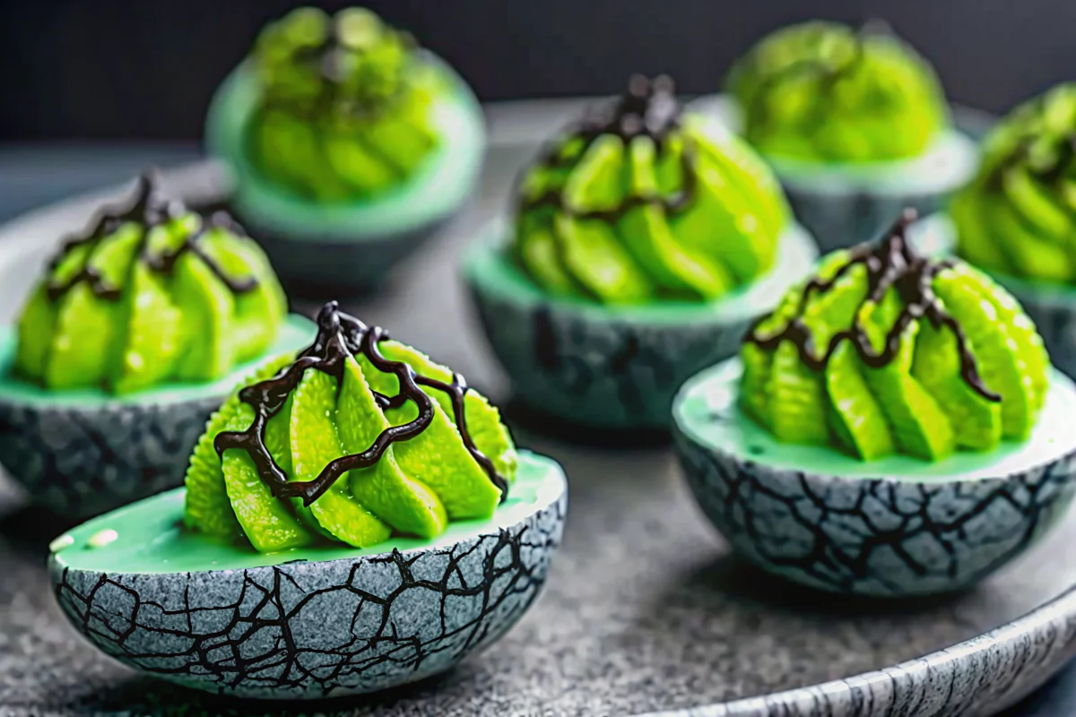 Colorful Halloween deviled eggs with spooky cracked shells in green and purple colors arranged on black platter