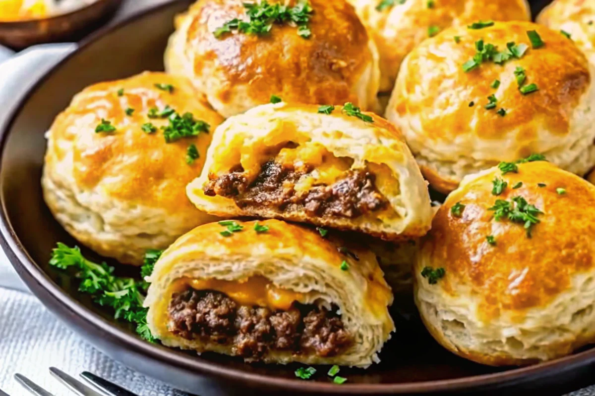 Golden brown Garlic Parmesan Cheeseburger Bombs on parchment paper with melted cheese filling visible, garnished with fresh parsley