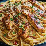Creamy Cowboy Butter Chicken Linguine pasta dish with golden chicken pieces, fresh parsley garnish, and lemon wedges in white bowl