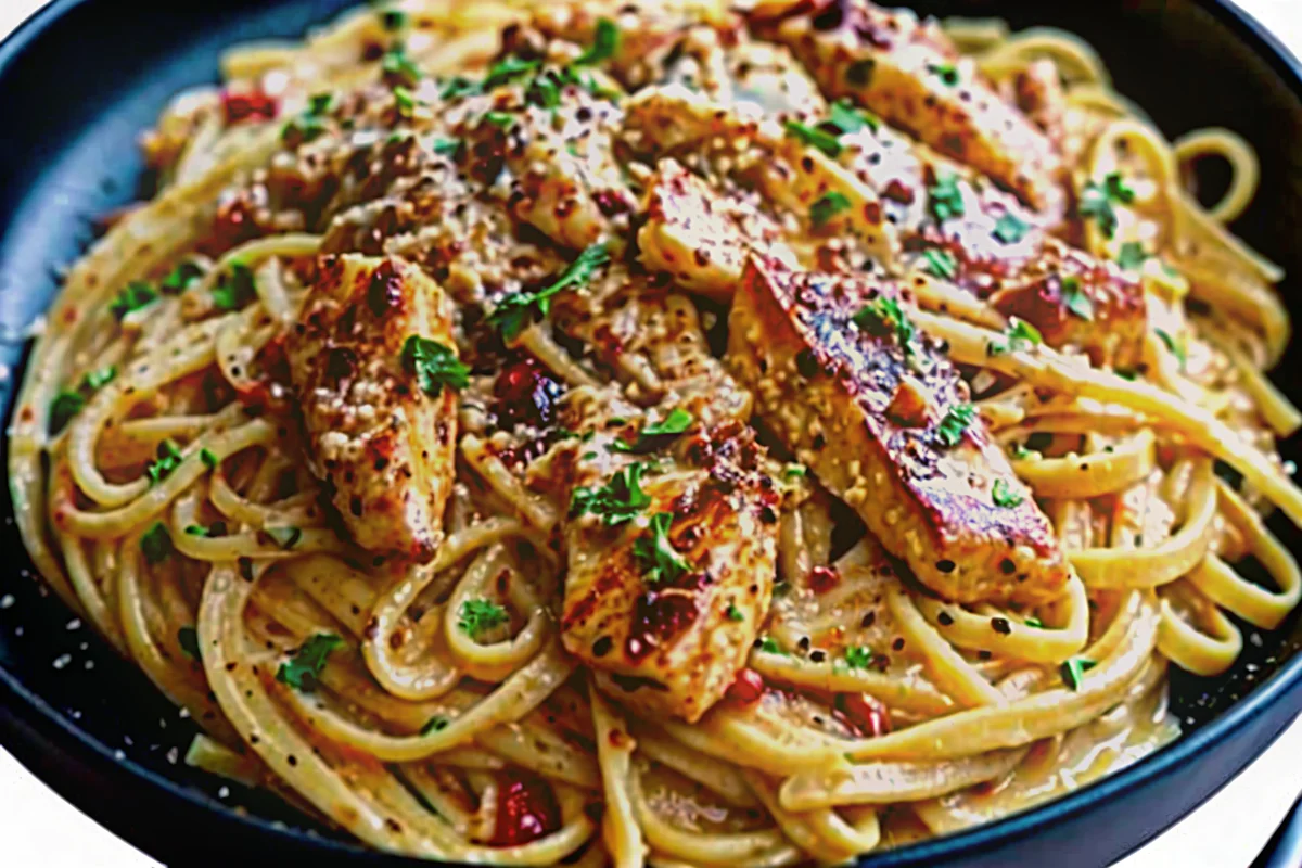 Creamy Cowboy Butter Chicken Linguine pasta dish with golden chicken pieces, fresh parsley garnish, and lemon wedges in white bowl