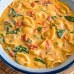 Creamy Marry Me Tuscan Chicken Soup in white bowl with fresh spinach, sun-dried tomatoes, and Parmesan cheese garnish