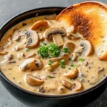 Creamy homemade mushroom soup in a white ceramic bowl garnished with fresh thyme, surrounded by sliced button and cremini mushrooms on a rustic wooden table