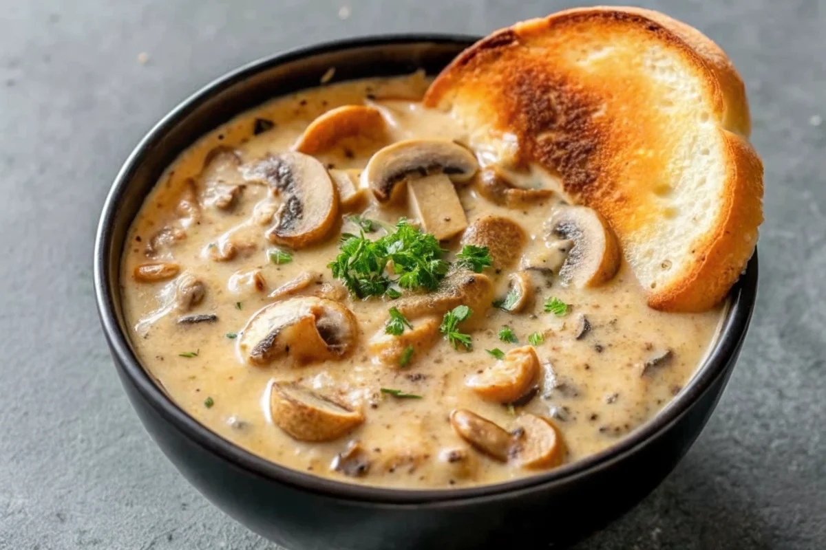Creamy homemade mushroom soup in a white ceramic bowl garnished with fresh thyme, surrounded by sliced button and cremini mushrooms on a rustic wooden table