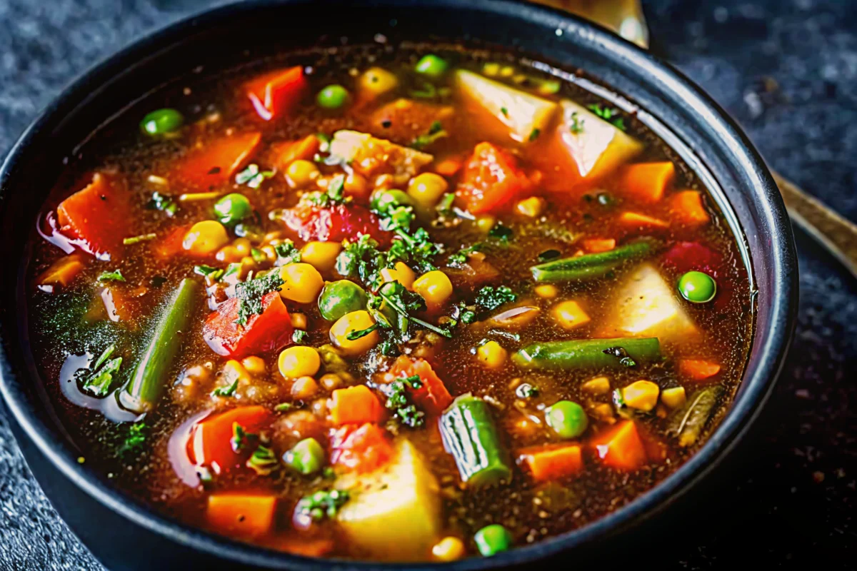 Colorful homemade vegetable soup with carrots, celery, corn, and peas in a white bowl, featuring fresh herbs and crusty bread for healthy meal prep