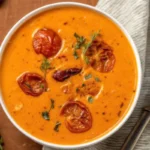 Creamy roasted garlic tomato soup with fall soups and stews garnished with roasted tomatoes in white bowl on wooden table with grilled cheese sandwich