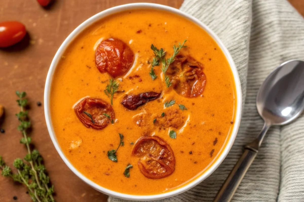 Creamy roasted garlic tomato soup with fall soups and stews garnished with roasted tomatoes in white bowl on wooden table with grilled cheese sandwich