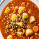 Hearty hamburger soup recipe with ground beef, potatoes, carrots, and vegetables in a white bowl with fresh parsley garnish