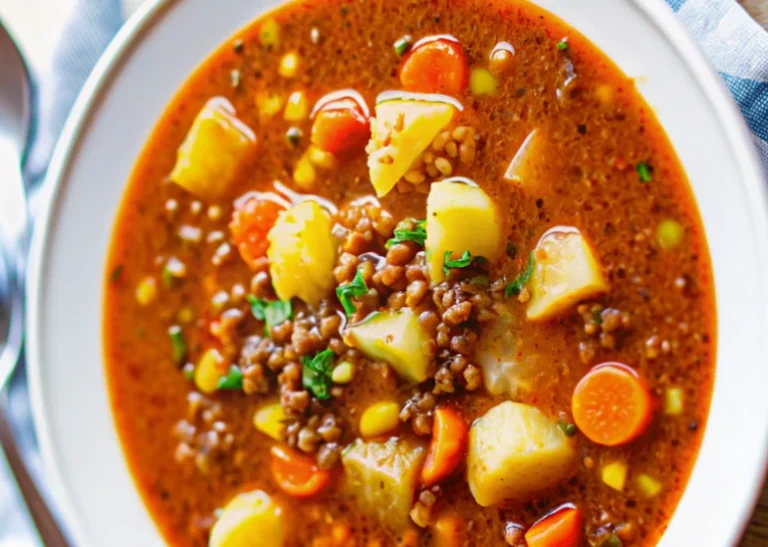 Hearty hamburger soup recipe with ground beef, potatoes, carrots, and vegetables in a white bowl with fresh parsley garnish