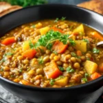 Easy lentil soup recipe in white bowl with fresh parsley garnish, served with crusty bread, showing thick hearty texture with visible vegetables and tender lentils