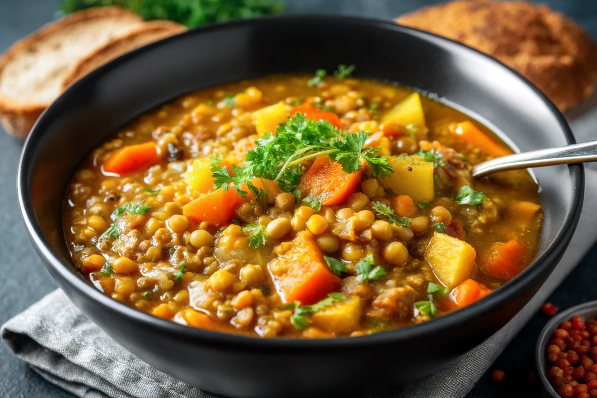 Easy lentil soup recipe in white bowl with fresh parsley garnish, served with crusty bread, showing thick hearty texture with visible vegetables and tender lentils